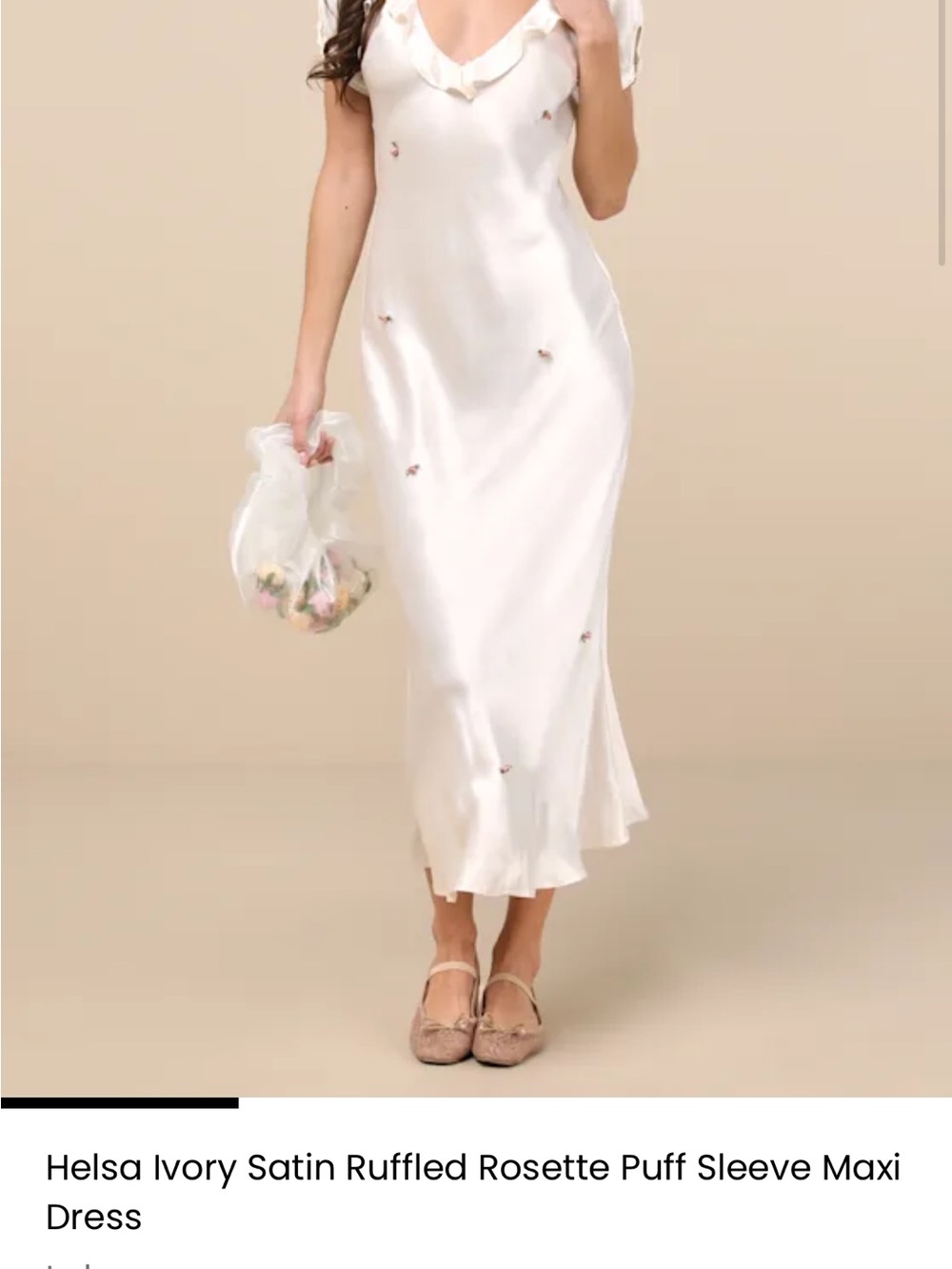 Lulu's ivory satin ruffled rosette puff sleeve dress
